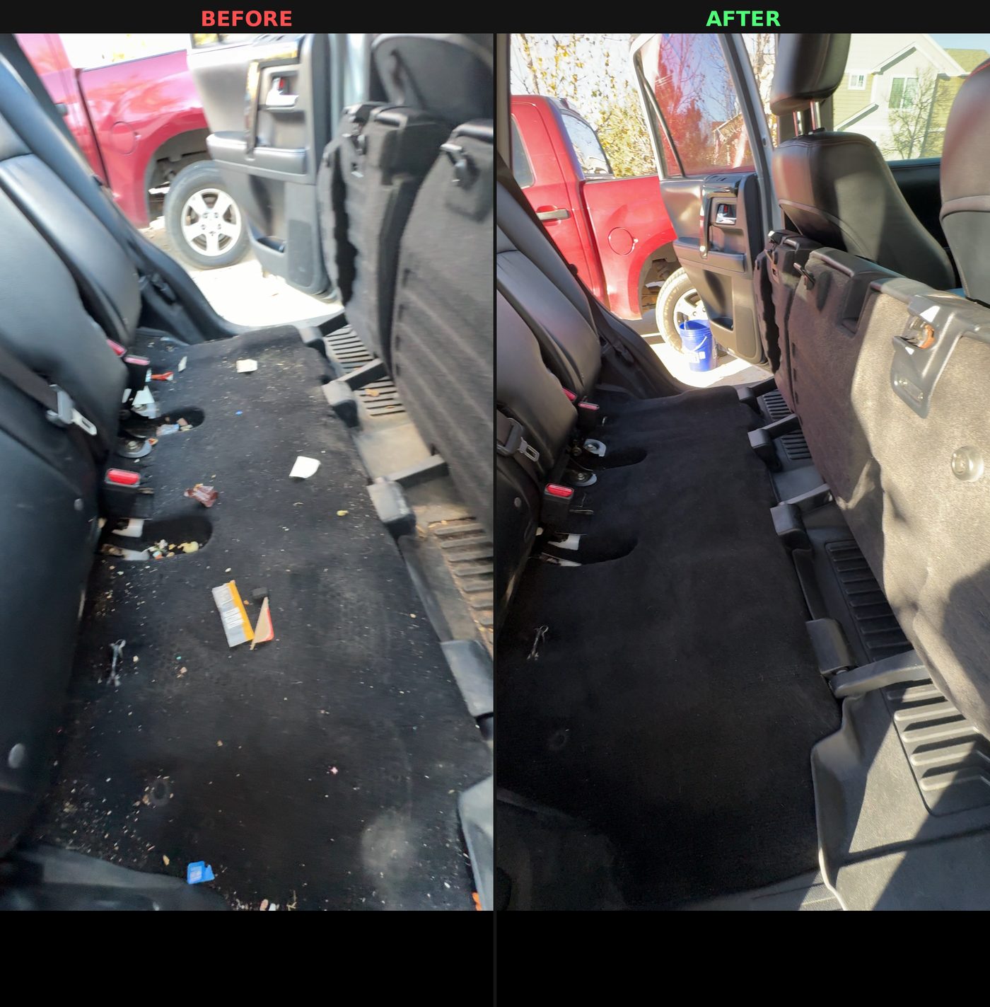 Before and after of a truck's rear cargo area, cleaned and vacuumed