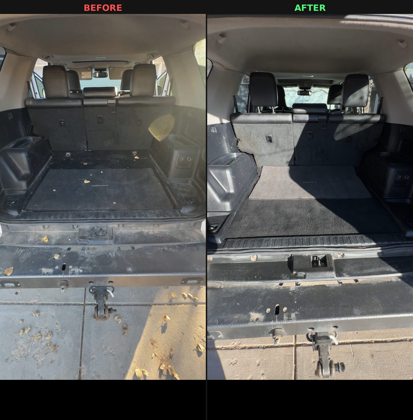 Before and after of a truck's cargo area, dirt and leaves removed